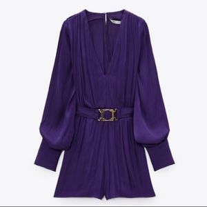 NWT ZARA purple satin effect romper with belt sz S